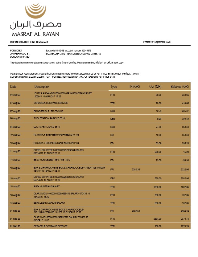 Modèle Word et PDF de relevé de compte courant de la société Masraf Al Rayan Bank